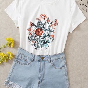 Soft white t shirt “Everything blooms on its own time” SHEIN women’s medium